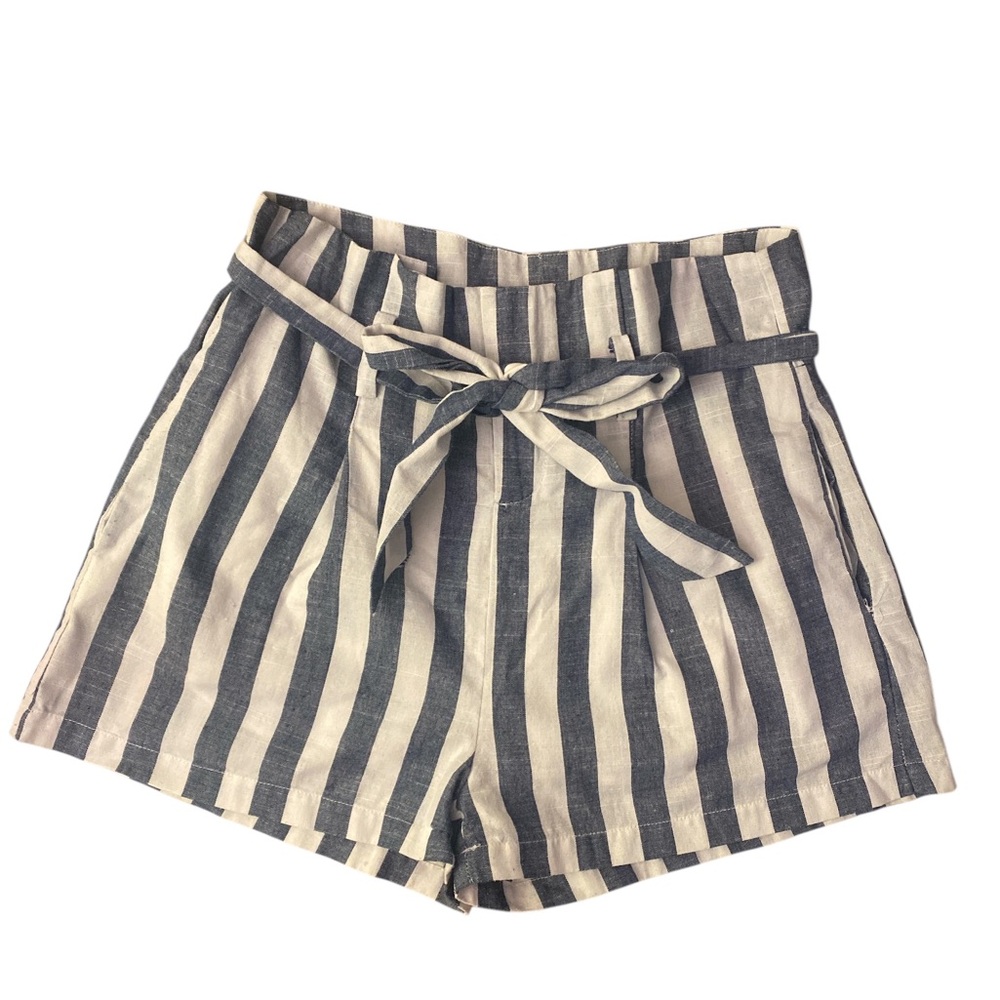 Linen Luz Navy Striped High Waist Women's Shorts GUC M